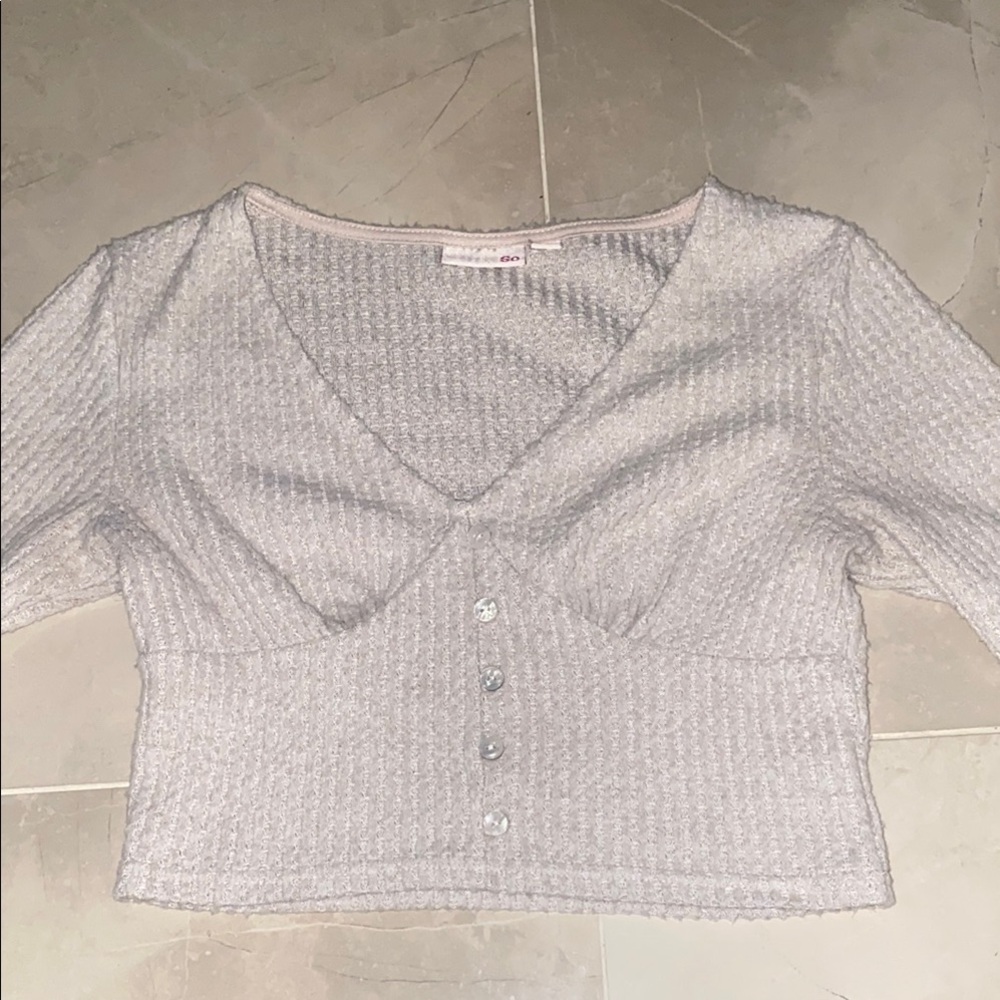 SO Gray Ribbed 3/4 Sleeve Button Down Crop Top